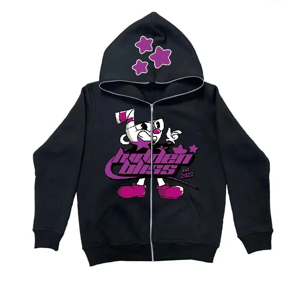 Cool hoodie for women with colorful graphic print and practical zipper Lune London