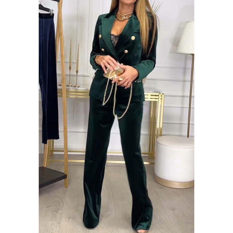 Women Luxurious Velvet Suit with Double-Breasted and Wide Leg Lune London