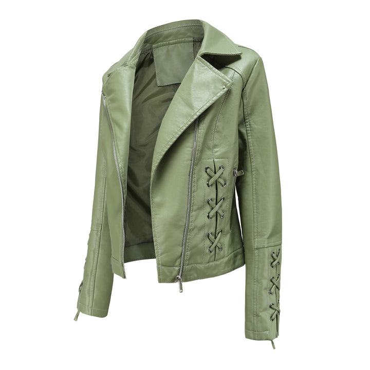 Ladies elegant biker jacket in faux leather with decorative lace details Lune London