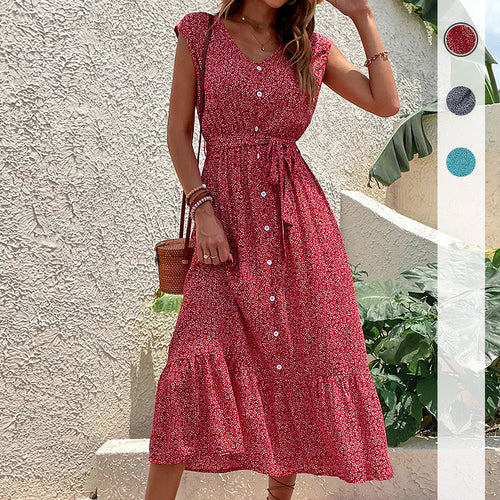 Maxi button-up dress for women with tie belt floral print Lune London