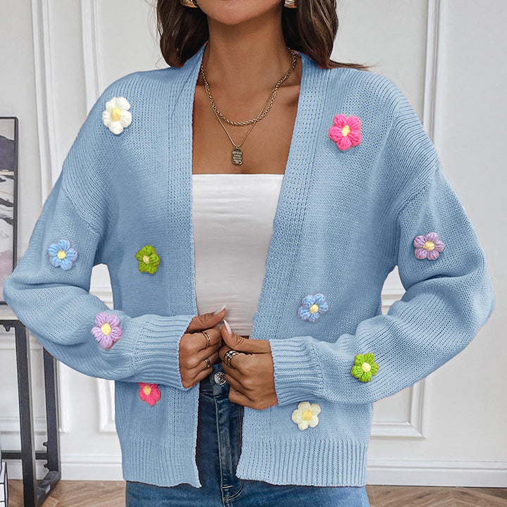 Ladies casual knitted cardigan with colorful flower appliqués Lune London