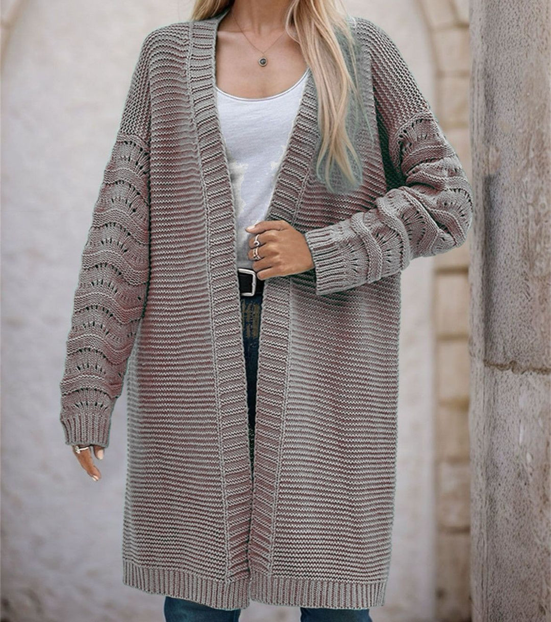 Ladies Long Knit Cardigan with an airy mesh structure and an open front Lune London