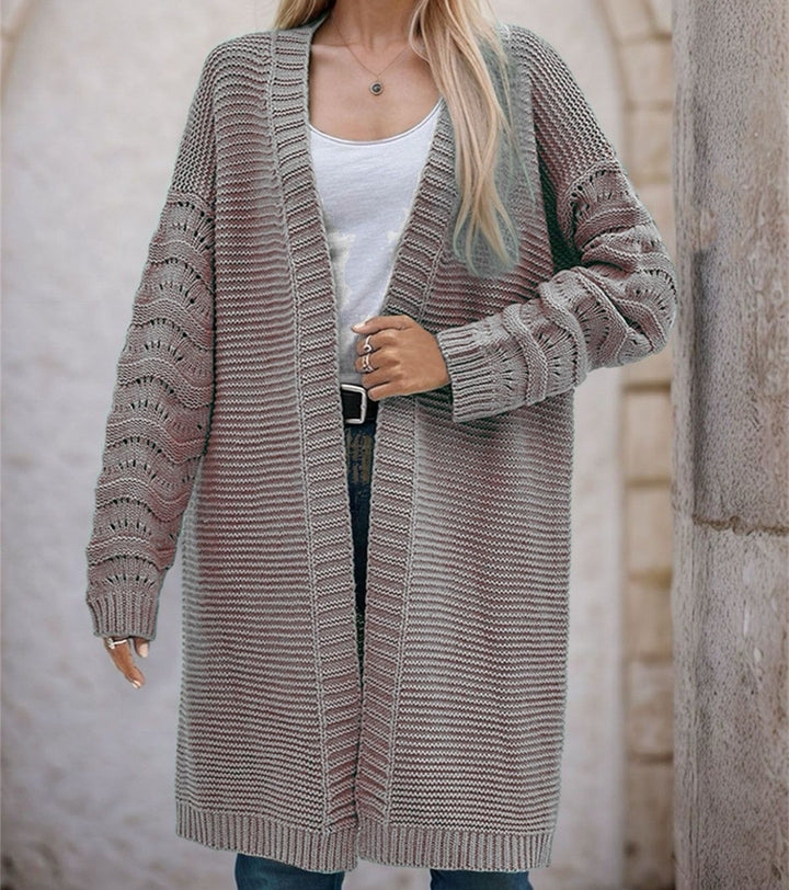 Ladies Long Knit Cardigan with an airy mesh structure and an open front Lune London
