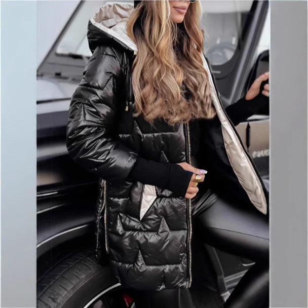 Ladies long quilted jacket with hood and practical pockets Lune London