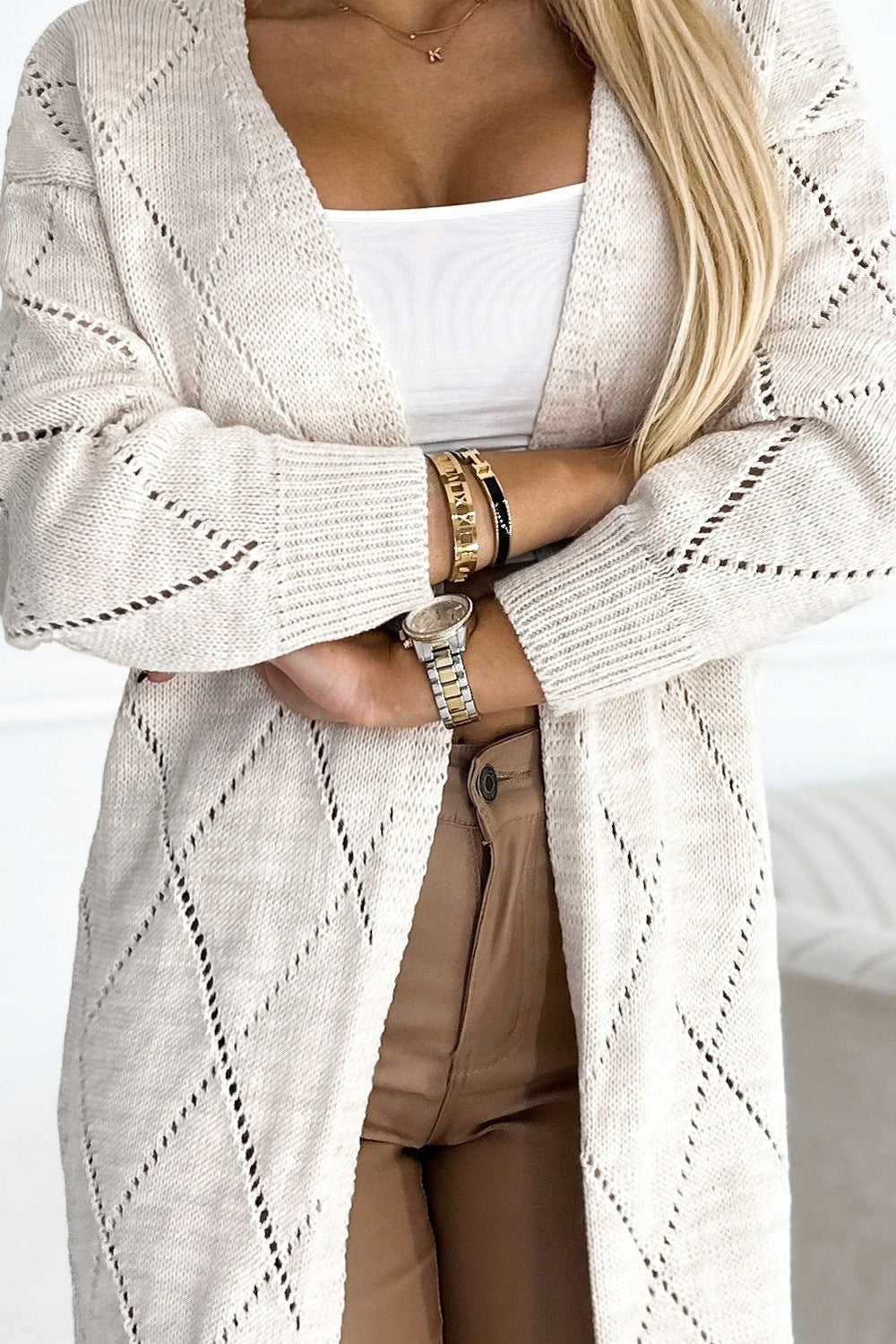 Ladies Long Knit Jacket with elegant openwork pattern and practical pockets Lune London
