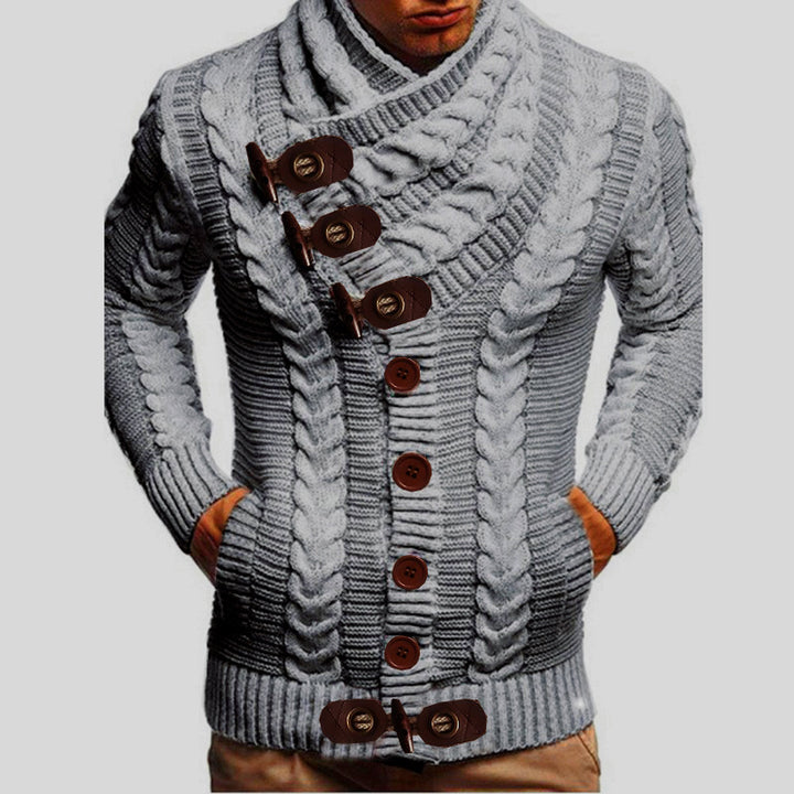 Men's chunky knit jacket with creative shawl collar and button details Lune London