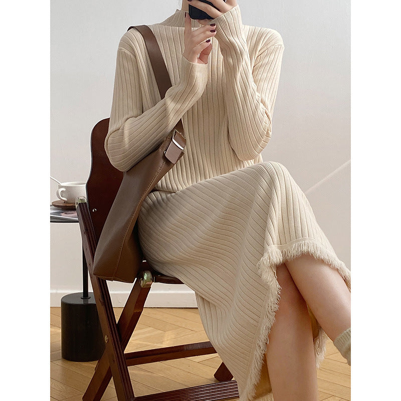 Knit dress for women with high collar and striped pattern Lune London