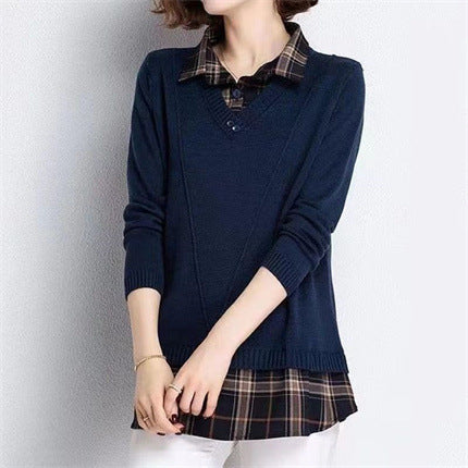 Women's layered knit pullover with V-neck and trendy blouse.