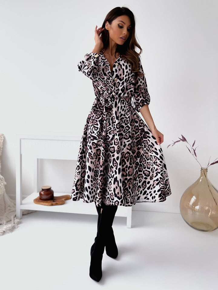 Ladies Elegant Wrap Dress with Leopard Print and Adjustable Belt Lune London