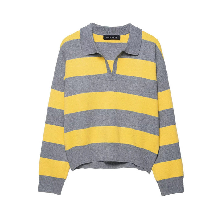 Ladies fashion sweater with polo collar and striped design Lune London