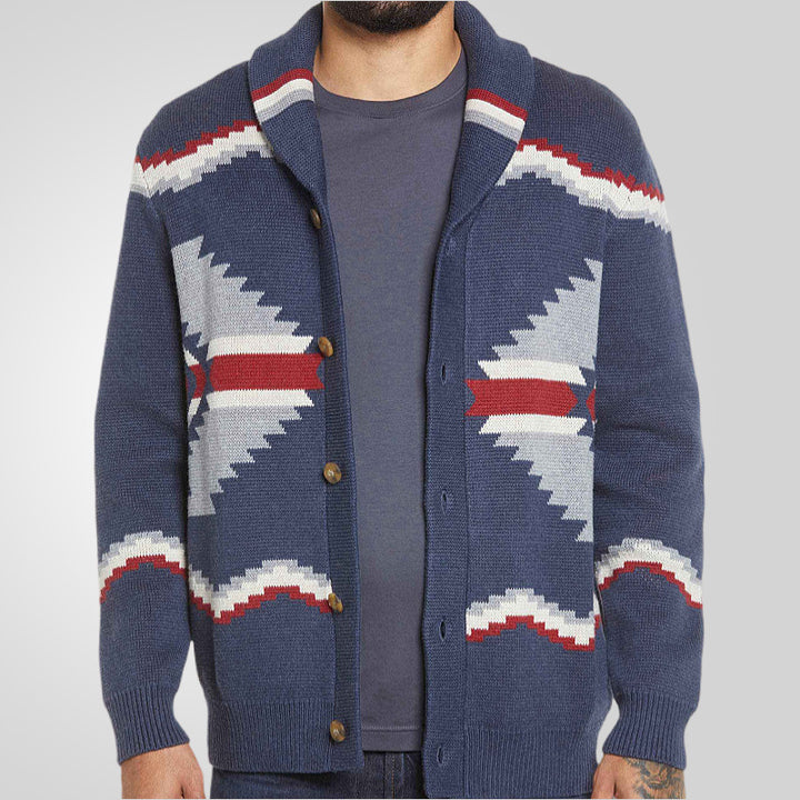 Men's knit jacket with modern ethnic design featuring practical buttons Lune London