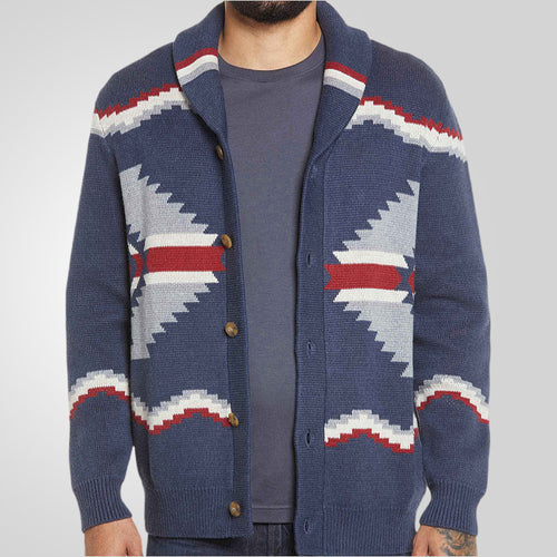 Men's knit jacket with modern ethnic design featuring practical buttons Lune London
