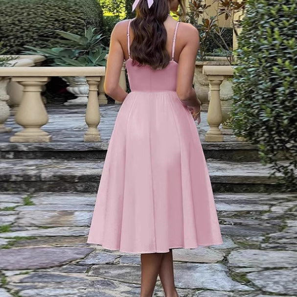 Women's Elegant A-Line Midi Dress with Spaghetti Straps and Soft Fabric Lune London