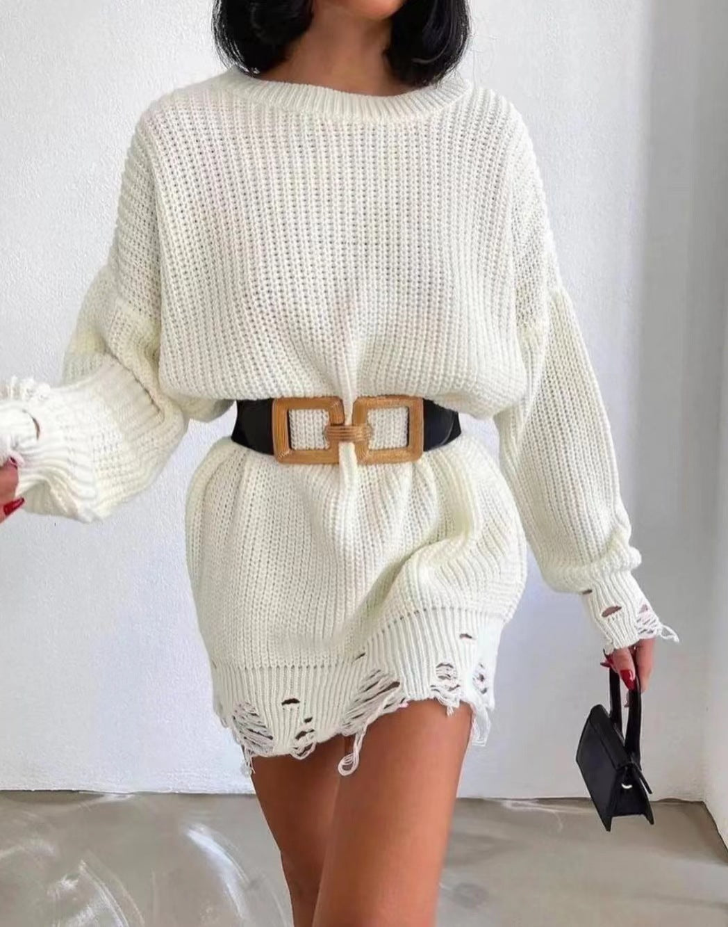 Knitted dress for women with asymmetric hem and trendy belt Lune London