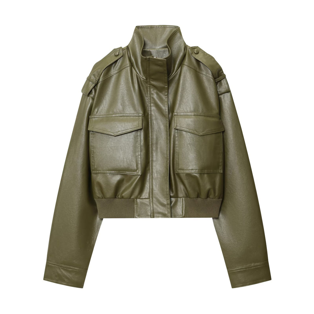 Ladies short faux leather jacket with practical pockets and modern high collar Lune London