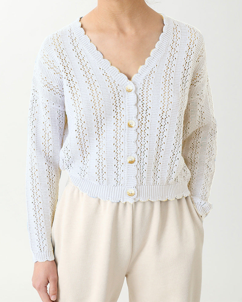 Knitted cardigan for women with feminine ruffles and button details Lune London
