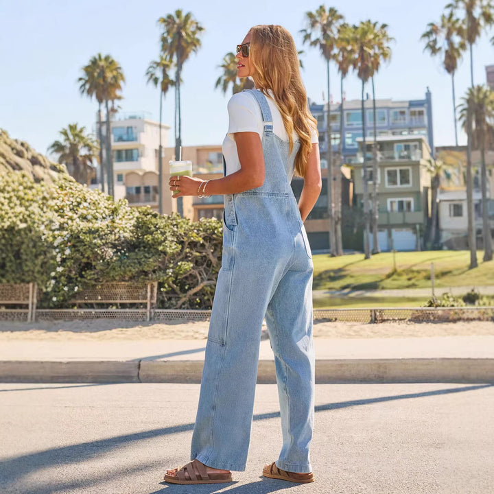 Women's Casual Denim Overalls with Wide Leg Cut and Practical Pockets Lune London