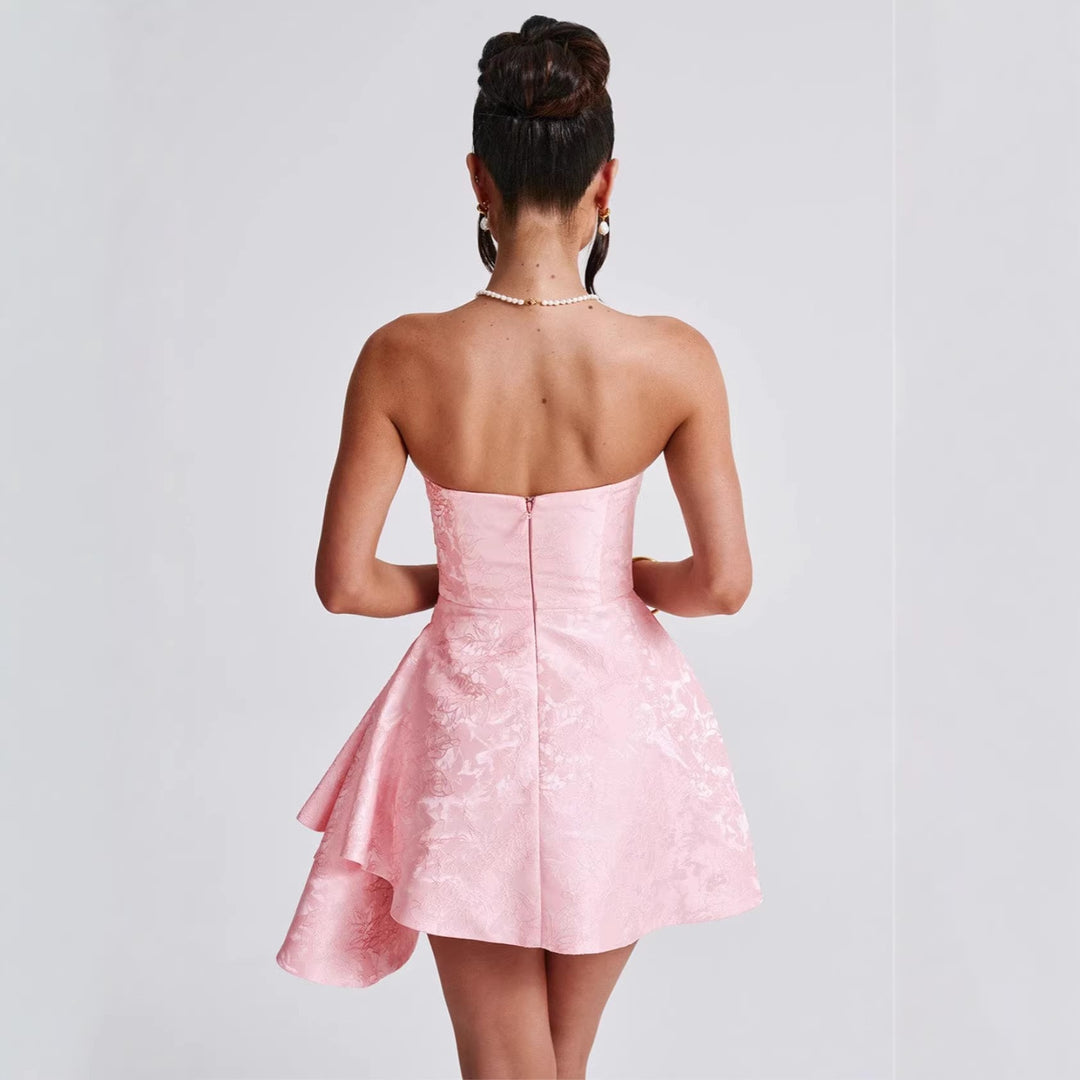 Women Strapless Evening Dress with Asymmetric Hem and Flower-Shaped Design Lune London