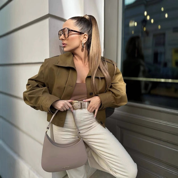 Short jacket for women with decorative button details and modern pleats Lune London