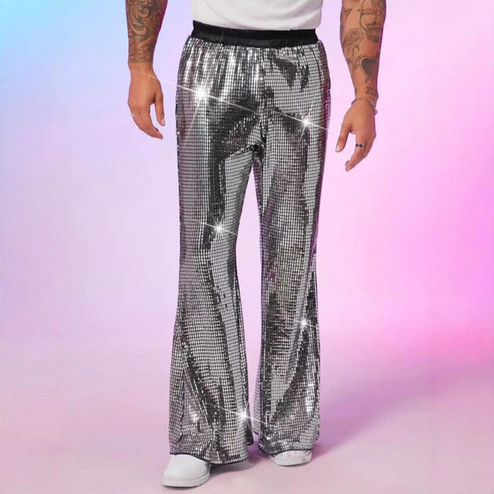 Men's glitter disco pants with wide leg and elastic waist Lune London