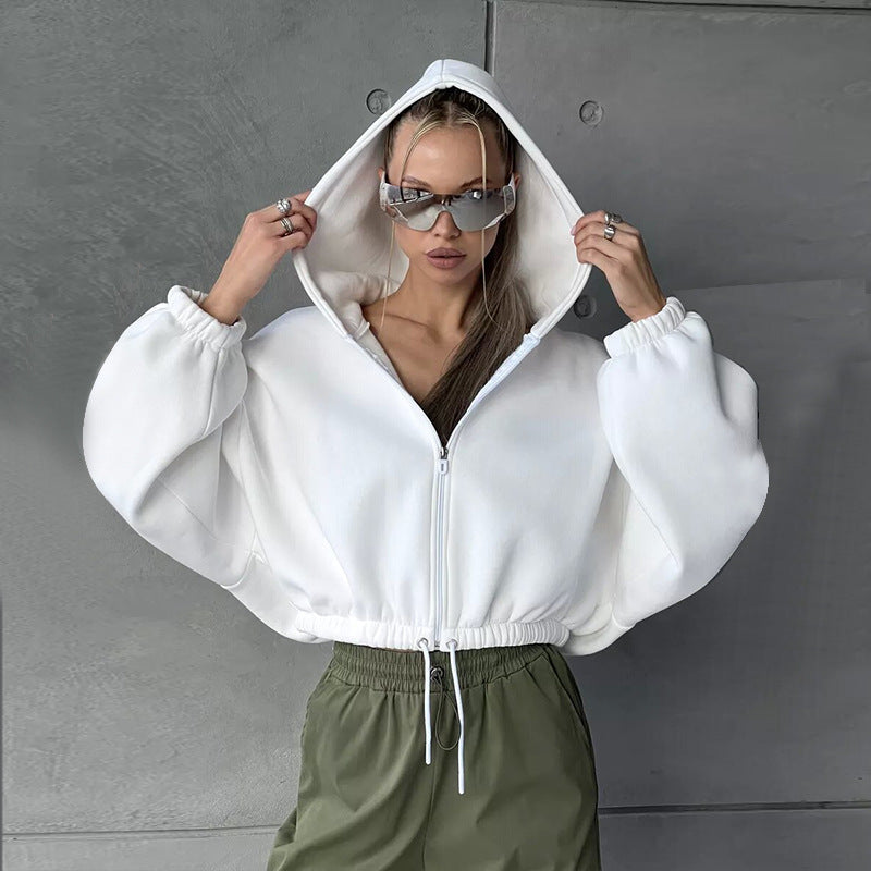 Ladies Cropped Hoodie made of soft sweat fabric with elastic waistband and zipper Chic & Stil