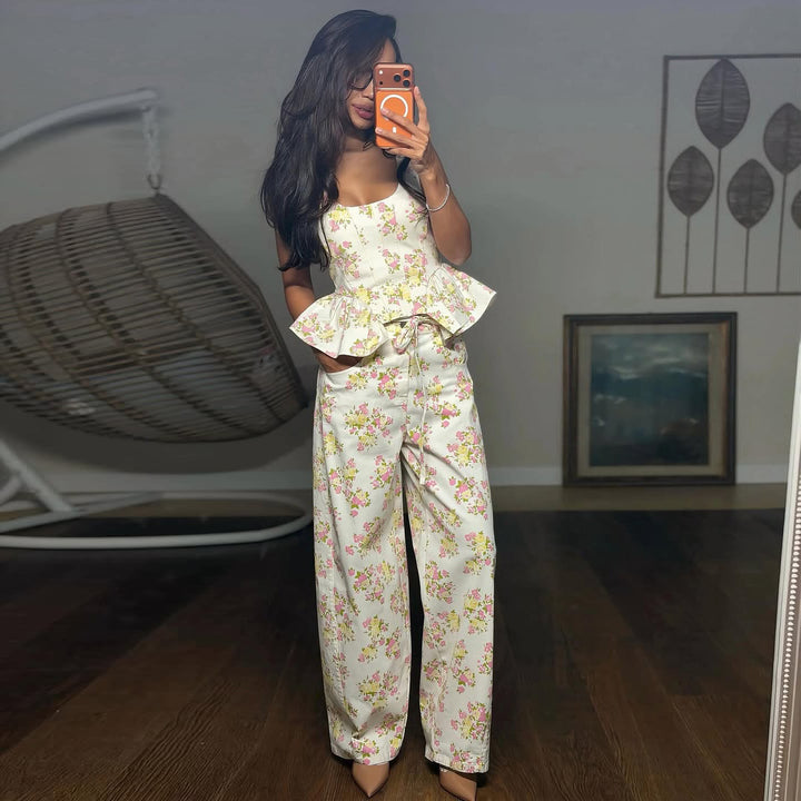 Women's Two-Piece Set with Floral Top and Wide-Leg Pants