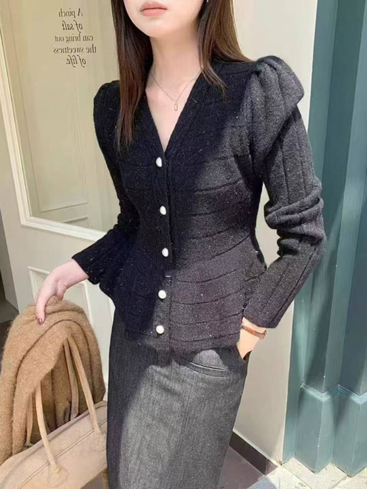 Ladies elegant cardigan with textured design and feminine puff sleeves Lune London
