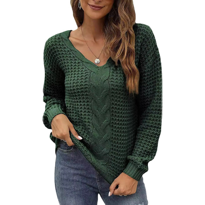 Casual knit pullover for women with deep V neckline and detailed cable pattern Lune London