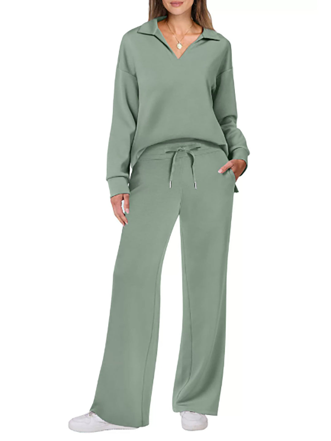 Lune London Wide Leg Casual Set for Women with V Neck