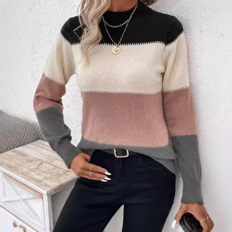 Lune London | Women's fashionable knitted sweater with trendy block stripes and standing collar