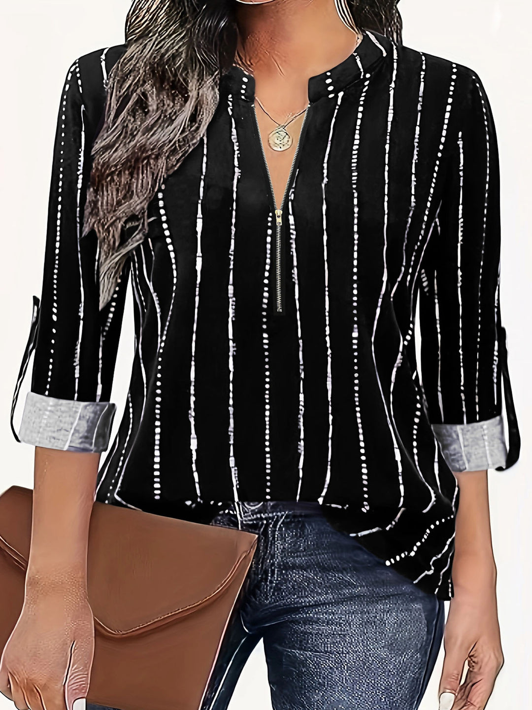 Ladies' blouse with elegant zipper and modern striped pattern Lune London
