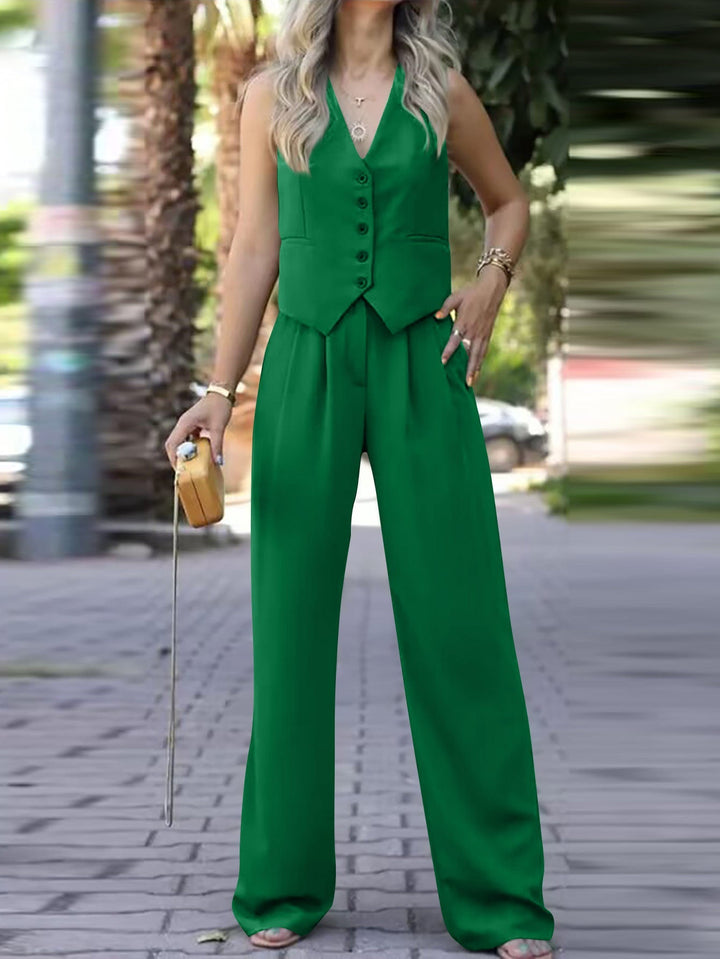 Lune London | Sleeveless V-neck Vest with Wide Leg Pants Ensemble