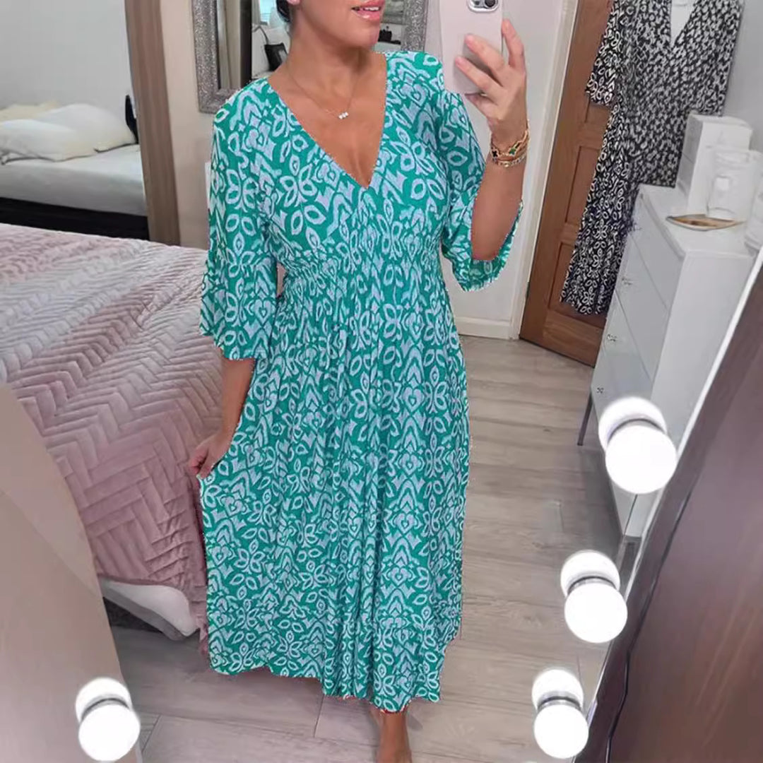 Maxi dress for women with V-neck and striking floral pattern Lune London