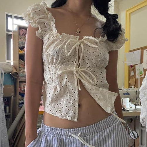 Women's Ruffle Shirt with Low Waist and Ties Lune London
