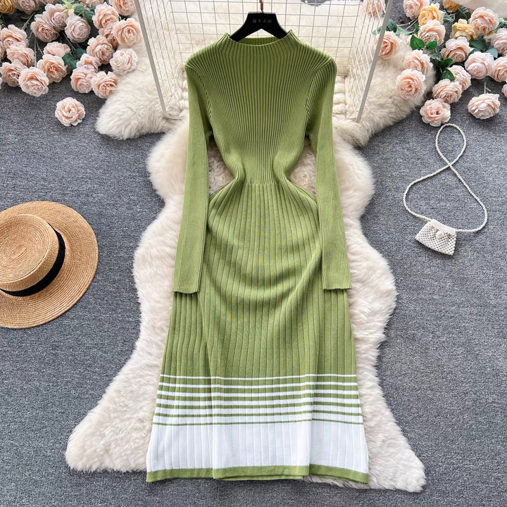 Knit dress for women with high collar and refined striped pattern Lune London