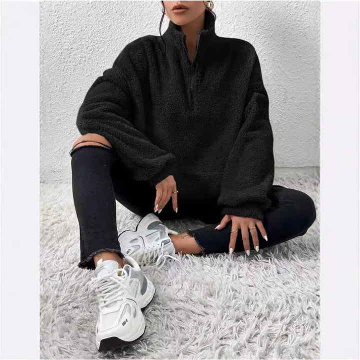 Women's Cozy Fleece Pullover with Stand-Up Collar and Side Pockets Lune London