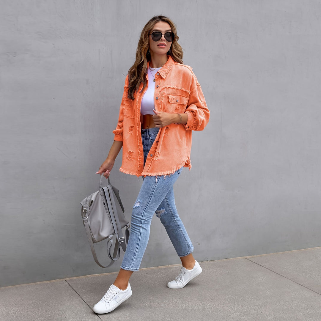 Oversized denim jacket for women with frayed edges and patch pockets Lune London