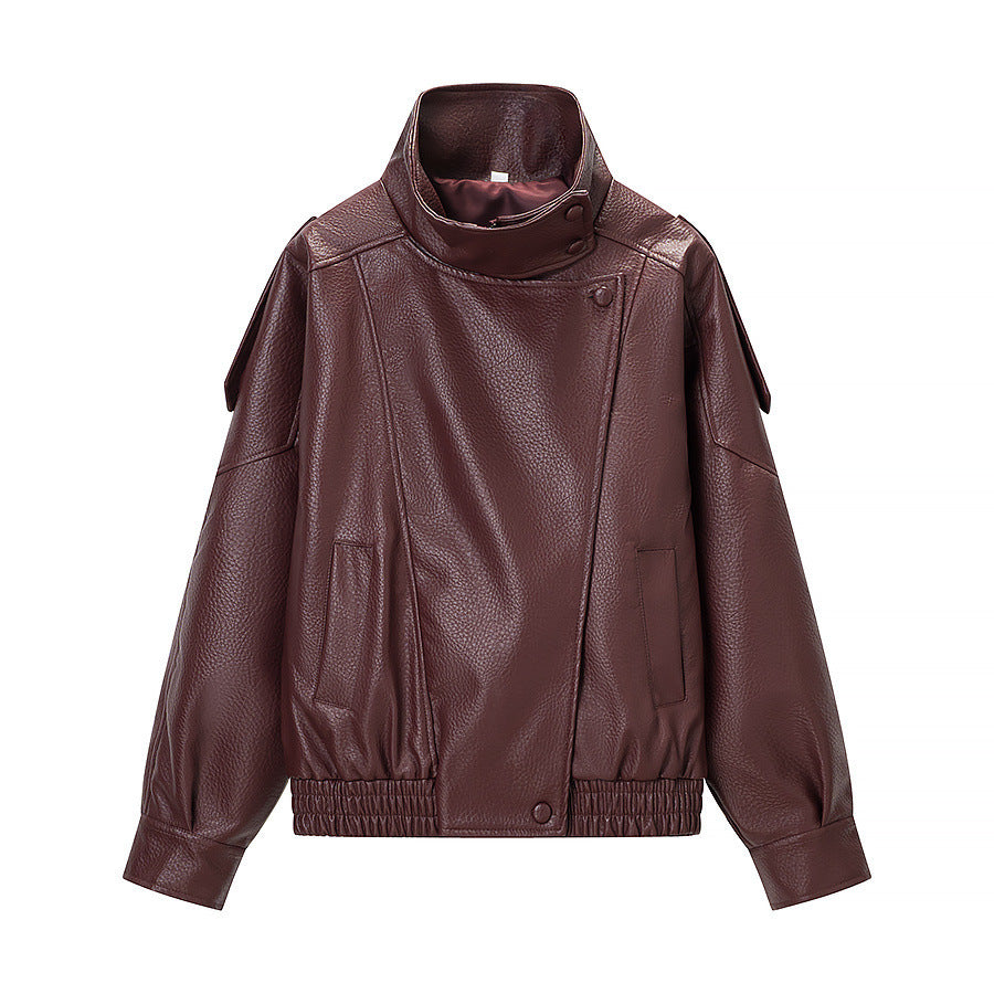 Veste en faux cuir à la mode pour femmes avec col haut et poches pratiques Chic & Stil