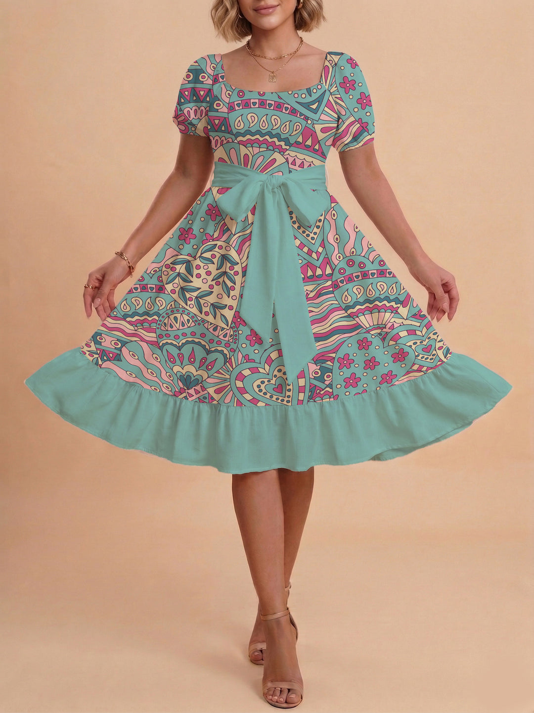 Women A-line dress with floral motifs and adjustable belt Lune London