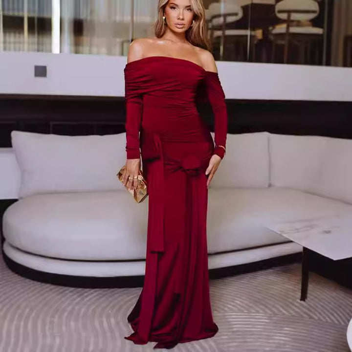Elegant ladies maxi dress with ruffle details and off-shoulder neckline Lune London