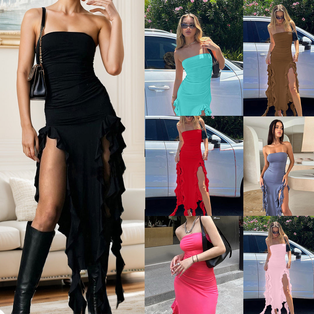 Lune London asymmetric hem gathered maxi dress for ladies