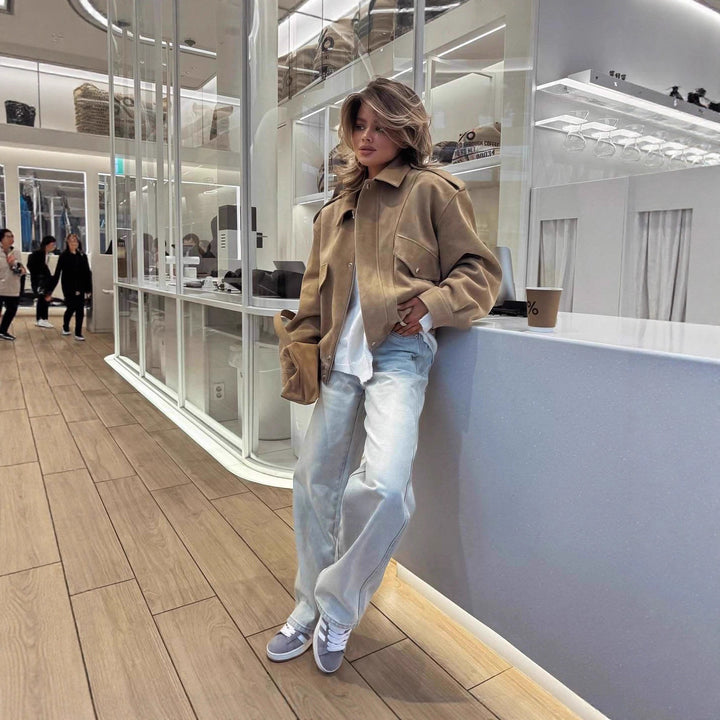 Casual suede jacket for women with practical pockets and elastic waist Lune London