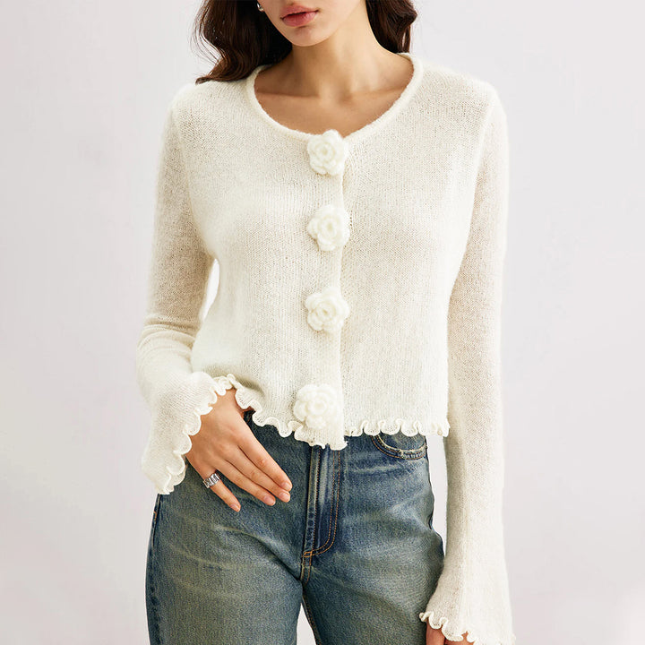 Ladies short knitted jacket with decorative floral button Lune London