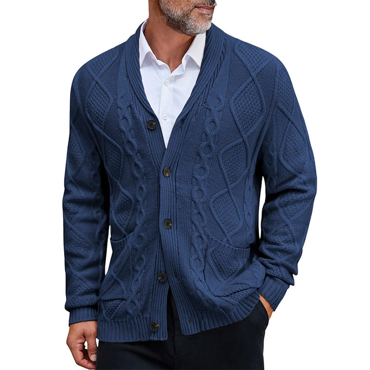 Men's chunky knit jacket with an elegant cable pattern and practical pockets Lune London