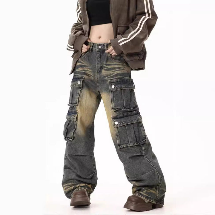 Women's Cargo Jeans with Wide Legs and Practical Side Pockets Lune London