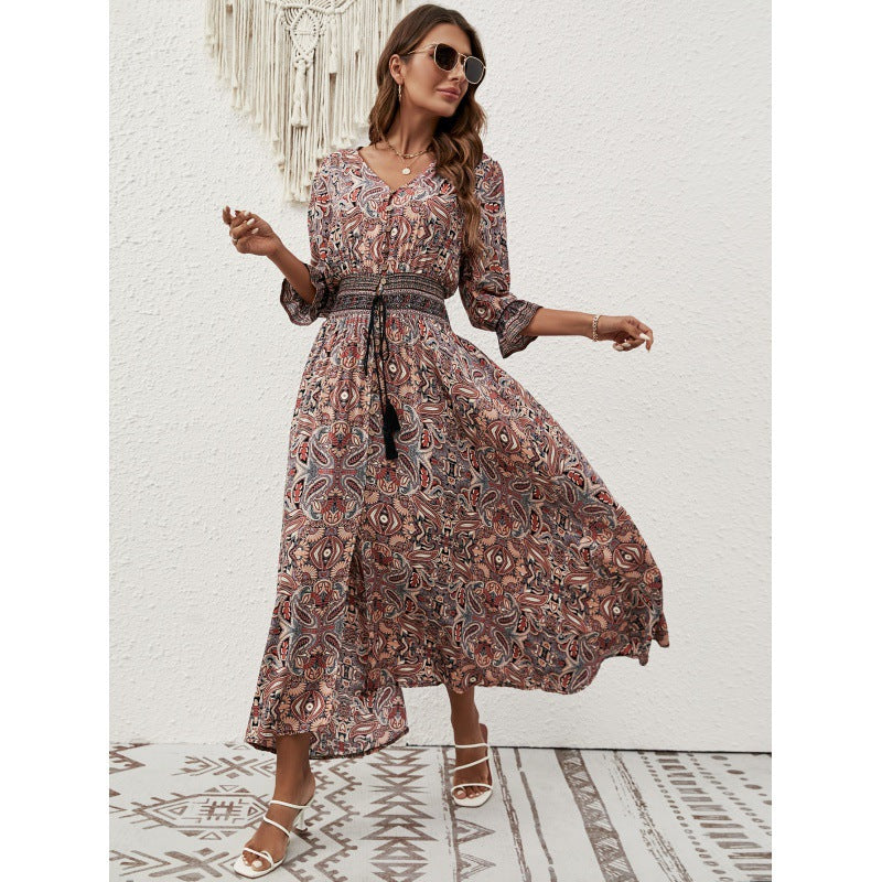Ladies Elegant Button-Up Maxi Dress with Side Slit and Chic Corded Waist