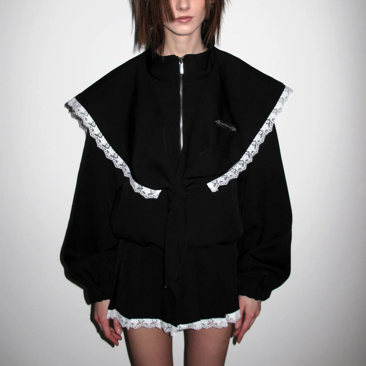 Oversized women's jacket with decorative lace collar and tie belt Lune London