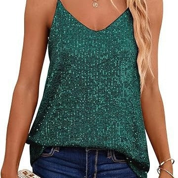 Women's Sparkling Spaghetti Strap Top with V-Neck and Shimmering Details Lune London