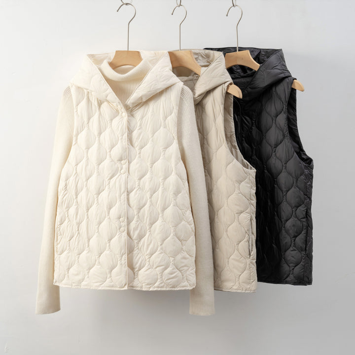 Ladies padded vests with hidden hood and soft inner lining Lune London