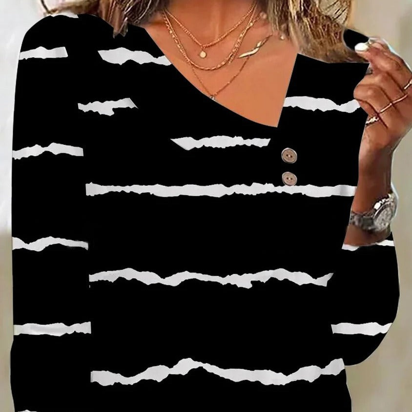 Lune London Women's Long Sleeve Shirt with Trendy V-Neck and Contrasting Stripes
